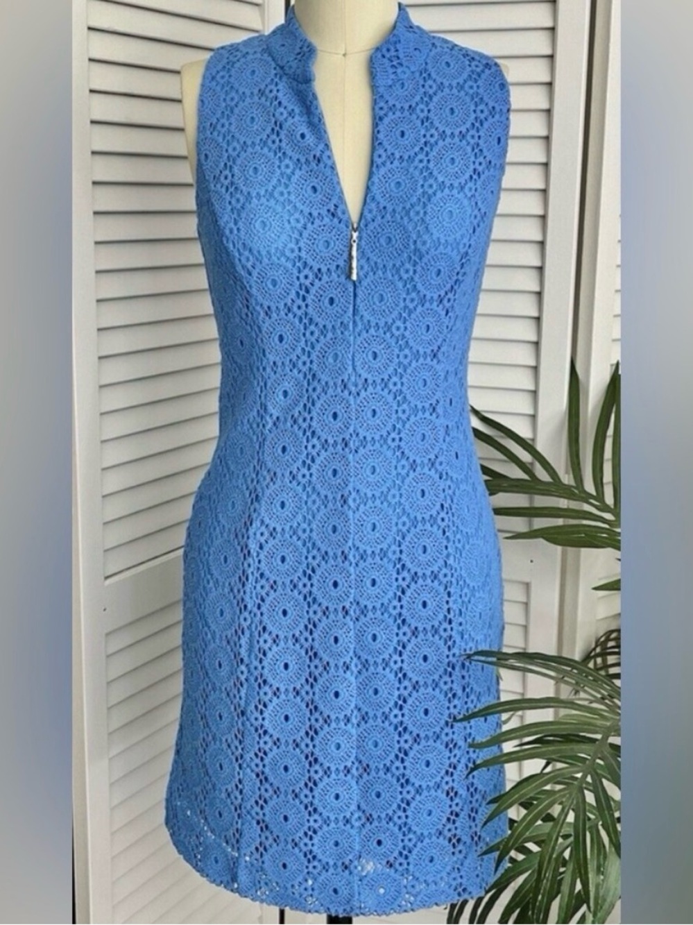 Lilly Pulitzer Alexa Bay Blue Lace Crochet Sleeveless Dress Front Zip Small